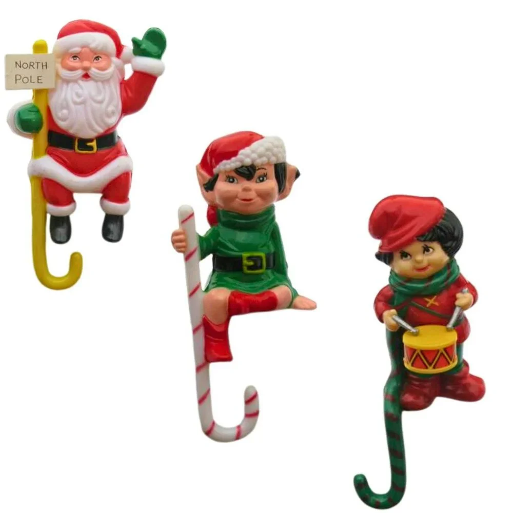 3 Vintage J.S.N.Y. Co. Plastic Santa Elves Christmas Shelf Sitter Stocking Hooks